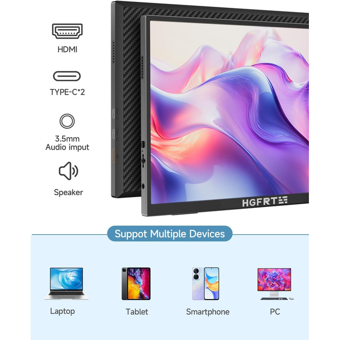 Портативний монітор 12.3 дюйма, FHD 1920x1280, IPS без відблисків, sRGB 100%, 60Hz, динаміки, USB-C, Mini-HDMI, VESA, для Windows/macOS, ігор та роботи (без сенсорного екрану)