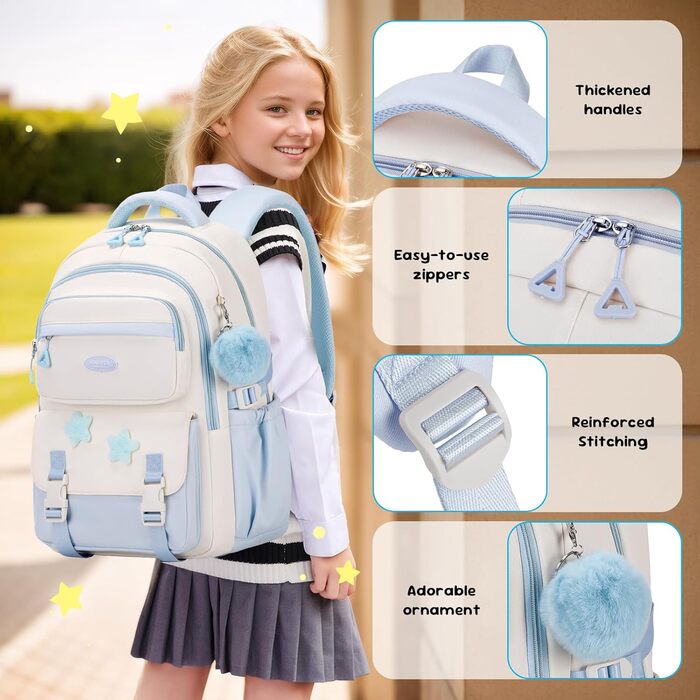 Дитячий рюкзак для школи 3-5 клас, великий рюкзак з помпоном та зірочками, легкий рюкзак-тележка для підлітків, блакитний
