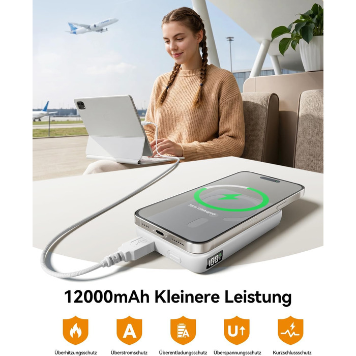 Магнітний Power Bank для MagSafe 12000mAh 22.5W з PD, LED-дисплеєм та USB-C для iPhone 17/16/15/14/13/12 Pro Max, білий