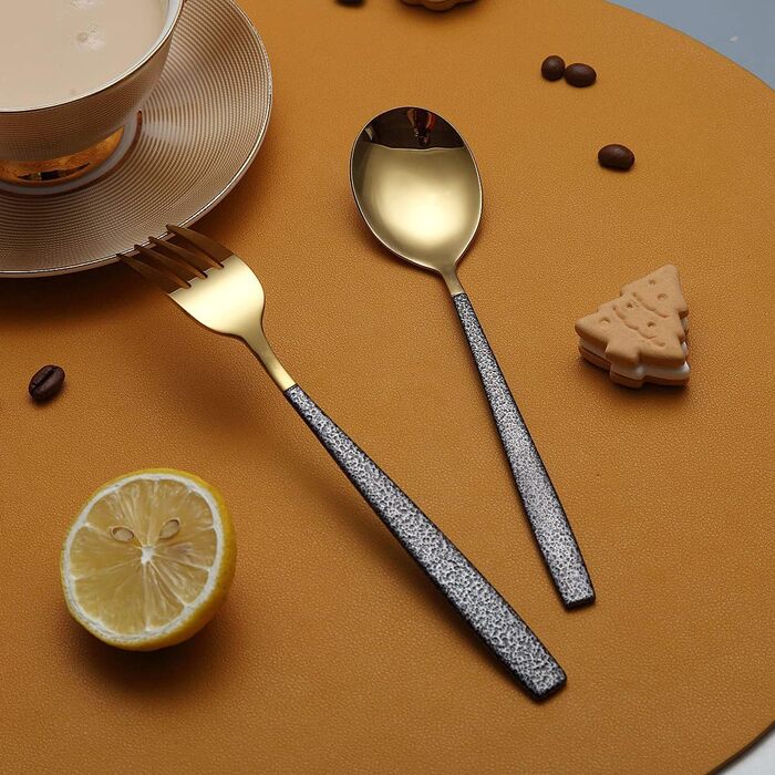 Набір столових приборів 24 предмети з золотими ручками та чорним мармуровим покриттям, нержавіюча сталь, ніж з титановим покриттям, для 6 осіб