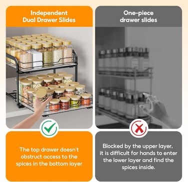 Висувна полиця для спецій на 2 яруси, регульована по висоті, органайзер для кухонної шафи, стояча полиця для спецій, висувна полиця для спецій з наклейками для кухні та робочої поверхні, L26*B23*H23cm (L26xB29xH23cm)