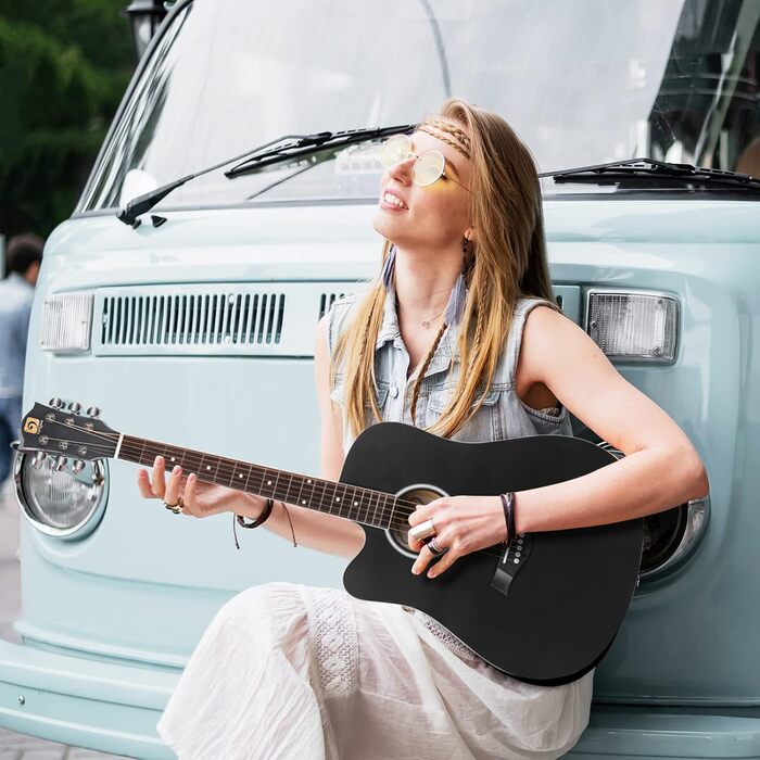 Акустична гітара Vangoa 4/4 для початківців та дорослих, чорна, з каподастром та чохлом