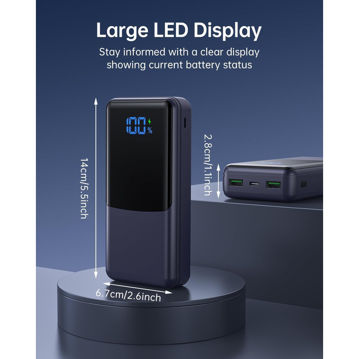 Power Bank Coblob 27000mAh з LED дисплеєм: швидка зарядка USB-C 30W, 3 виходи, 2 входи, для смартфонів, планшетів, AirPods та іншого (Темно-синій)