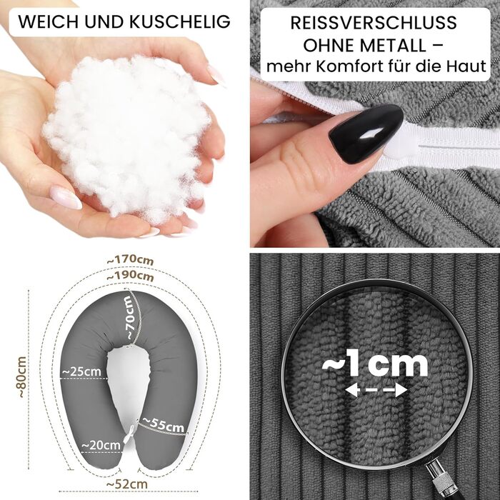 Подушка для годування Amilian Stillkissen XXL 170 см - для вагітних та годуючих матерів - подушка для сну з підголівником та знімним чохлом