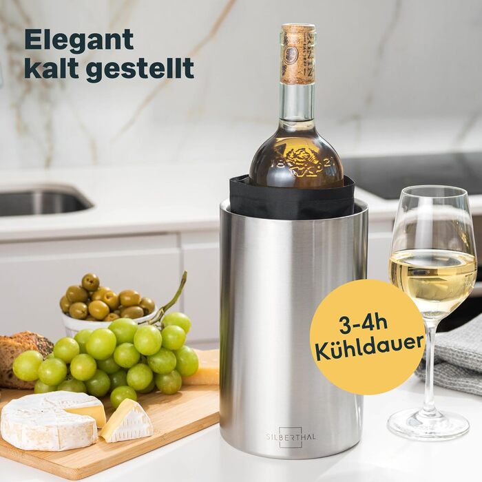 SILBERTHAL Wine Cooler Stainless Steel Double-Walled with 2 Cooling Packs - Active Cooling with Cooling Sleeves - Ideal for White Wine and Rosé