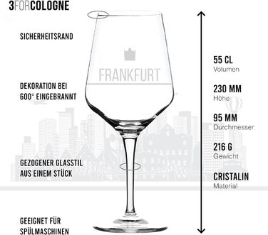 Набір келихів для вина 2 шт. Frankfurt 3forCologne у подарунковій упаковці, скляні, універсальні для червоного та білого вина, декоровані шовкографією, XL сувенірні келихи