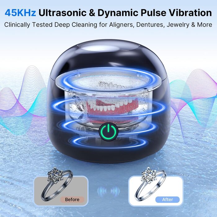 Ультразвукова мийка для ювелірних виробів та зубних протезів, 45000 Гц, 25 Вт, 200 мл, чорна