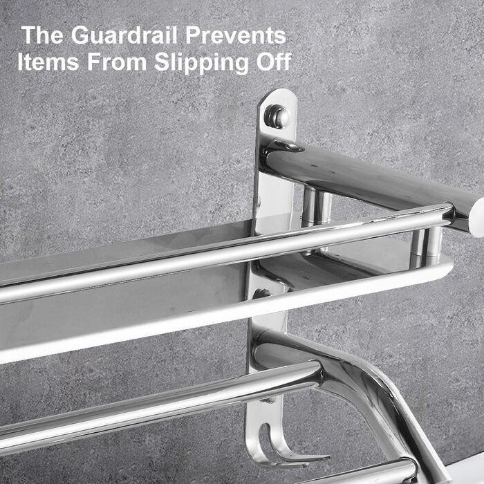 Тримач для рушників з полицею та гачками, хром, нержавіюча сталь, 59 см, для ванної кімнати, кухні, туалету