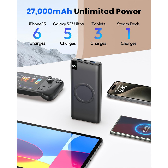 Power Bank BRENCIL 27000mAh з бездротовою зарядкою 15W, PD/QC, USB-C, чорний