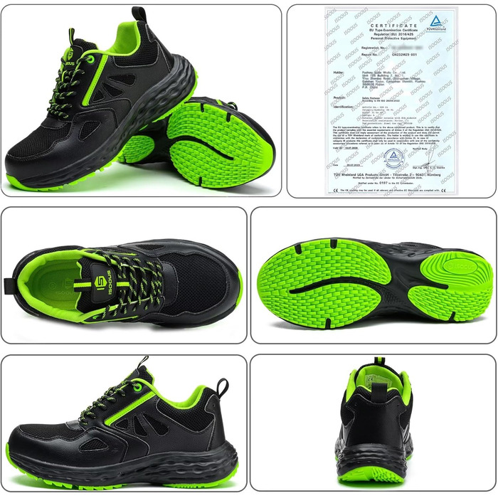 Черевики безпеки ISOOUS для чоловіків та жінок. Легкі, дихаючі, антиковзкі кросівки з пластиковим носком. Ідеально підходять для кухні, спорту. Розмір 47 EU, чорний/зелений.