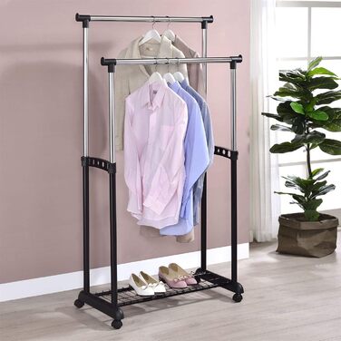 IDIMEX Wardrobe Trolley Grosso Clothes Rack Rolling Wardrobe Clothes Rack, with Shoe Storage, 2 Clothes Rails, Height Adjustable, Chrome-Plated Metal Pipe, in White (Black)