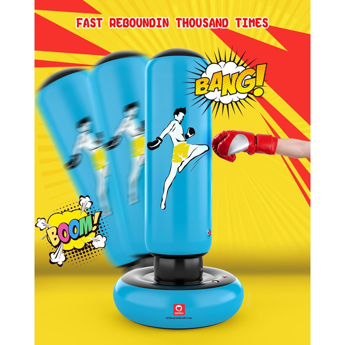 Дитячий боксерський мішок QPAU з рукавичками, надувний, 168 см, для хлопчиків та дівчаток 6-12 років, блакитний