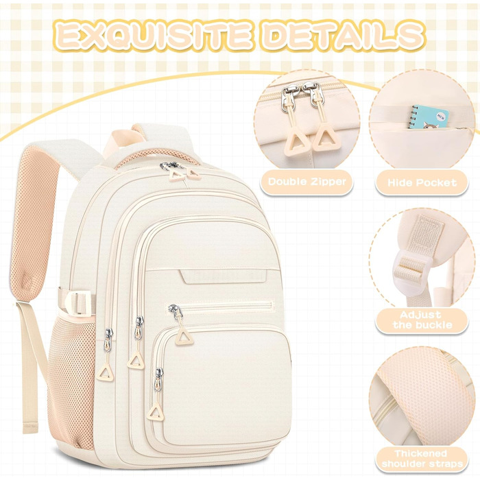 Жіночий рюкзак для школи, коледжу та подорожей, великий, для ноутбука, бежевий