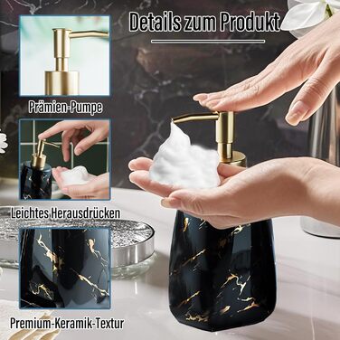 Набір аксесуарів для ванної кімнати XUDREZ з малюнком мармуру, кераміка, набір з 3 предметів: дозатор для лосьйону, стаканчик для зубних щіток, мильниця, чорний глянцевий, преміум якість