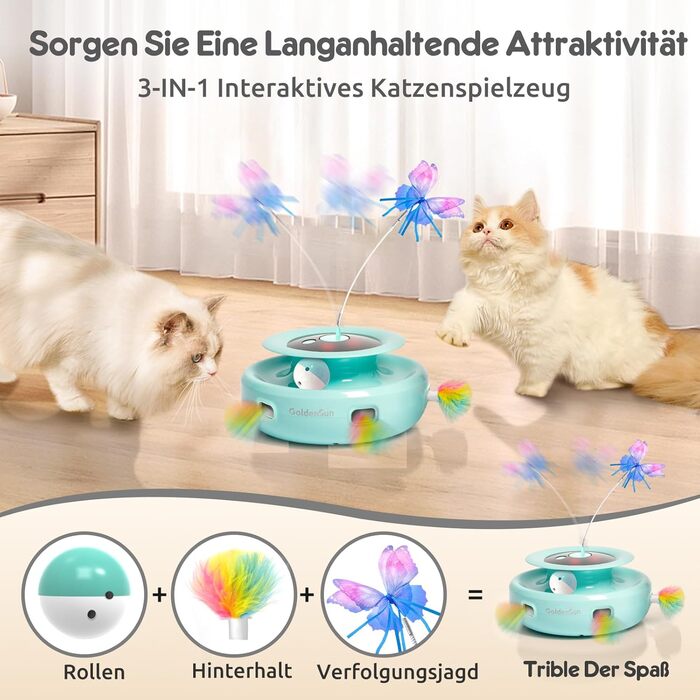 GoldenSun Cat Toy, 3 in 1 Electric Interactive Automatic Toy for Cats, Whack-A-Mole, Fluttering Butterfly, includes Ball, USB Rechargeable Cat Teaser with 6 Attachments (Green)