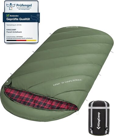 Сплячий мішок KingCamp XXL з бавовни фланель для дорослих, великий розмір, теплий, зимовий, для кемпінгу, подорожей та активностей на природі, 4-сезонний, 220x100 см, класичний оливковий колір
