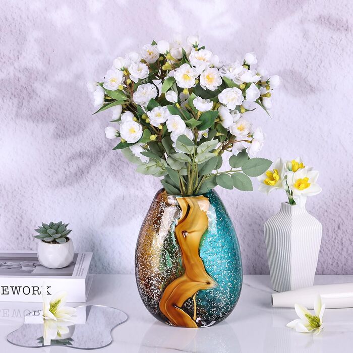 Hand Blown Blue-Green Glass Vase - Murano Style Table Decor for Flowers & Living Room