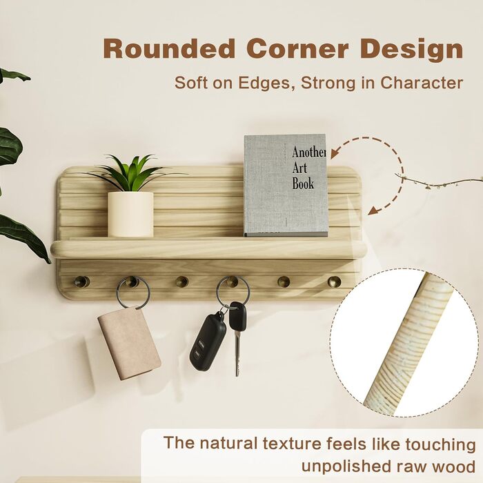 Дерев'яне ключове дошка з полицею та 6 гачками для прихожей, коридору, кухні