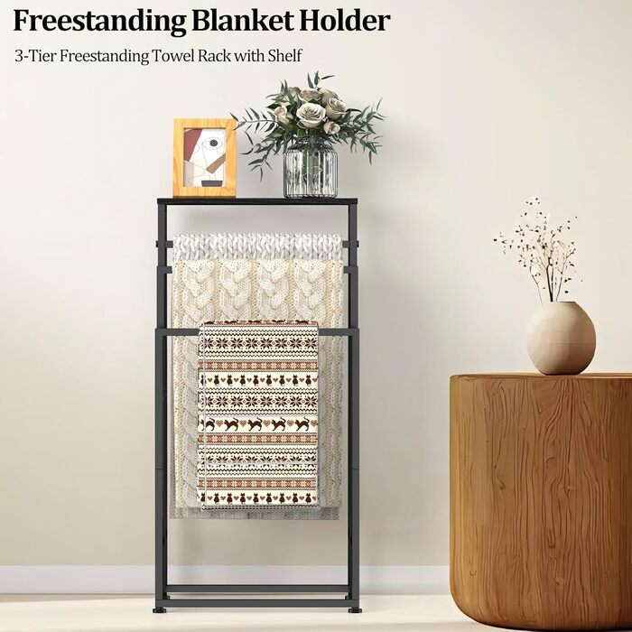 Підставка для рушників стояча, 3-ярусна з полицею з дерева, металева з регульованими ніжками, для ванної кімнати та спальні, 40x30x82 см, чорна