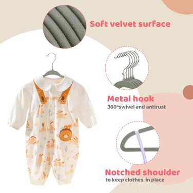 Плечики для дитячого одягу ManGotree з велюру, 30 шт. з обертовим гачком, плечики для дітей та дитячого одягу, сірий