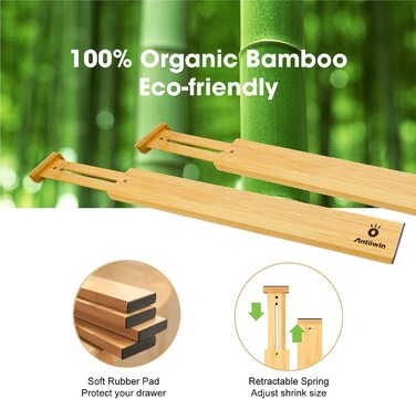 ANTOWIN 10 Pcs Adjustable Bamboo Drawer Dividers, Drawer Organizer, Spring-loaded, Kitchen, Dresser, Bathroom, Bedroom, Baby Drawer, Desk Organization System (43-56 cm) Natural