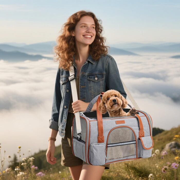 Транспортна переноска для котів та собак PETCUTE, сірого кольору, знімний килимок, дихаюча, з регульованим ременем, схвалена авіакомпаніями