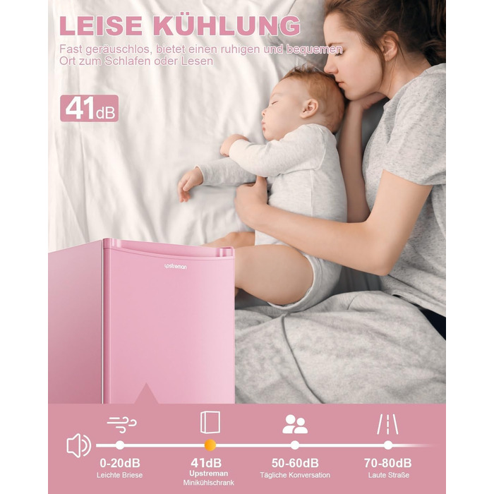 Холодильник Upstreman 91L BR321-Rosa з функцією швидкого охолодження, 5 температурних режимів (1-8°C), енергоефективний, 41 дБ, компактний, для студентів/офісу