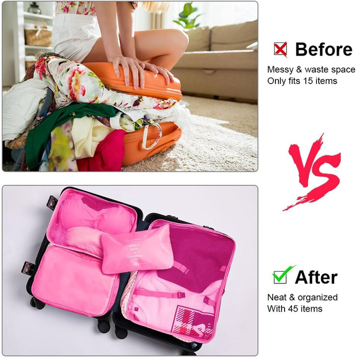 Органайзер для валізи OSDUE, набір 6 шт., Packing Cubes, водонепроникні сумки для одягу, туристичний органайзер, рожевий колір