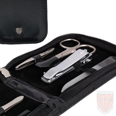 Набір для догляду за нігтями DREI SCHWERTER 'Novara' - 8 предметів. Чорний кейс з штучної шкіри. Містить: ножиці для нігтів, стекляна пилка, ножиці для кутикули, пінцет, кусачки для нігтів та інше. Чорний, матові інструменти