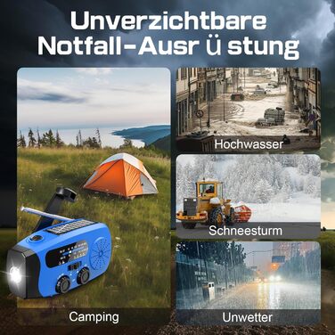 Радіо-кринка Notfall Weltempfänger 4000 mAh (14800 mWh) з 3 кабелями, AM/FM/WB, SOS-сигнал, ліхтарик, блакитне аварійне радіо