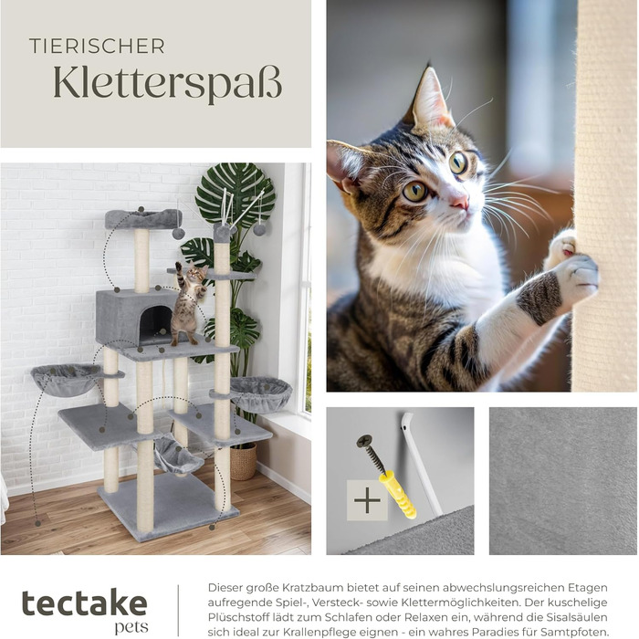 Тектейк® XXL Дерево для котів велике, з аксесуарами: лежанки, гамак, будиночок, іграшки, мотузка з сизалю, стійка для дряпання, висота 165 см, сірий | 402931