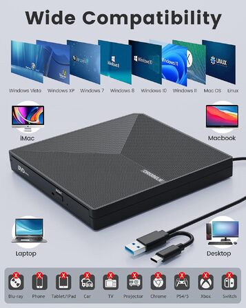 Зовнішній DVD-привід ORIGBELIE USB 3.0 та Type-C, портативний DVD-записувач для ноутбука та ПК
