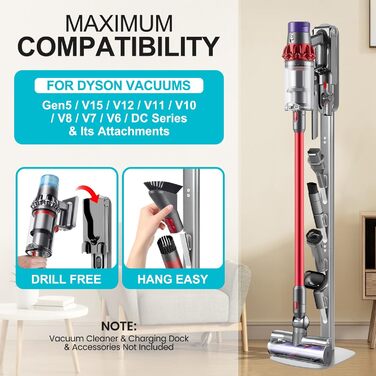 Підставка для пилососа Dyson Gen5 V15 V12 V11 V10 V8 V7 V6, настінна без свердління, з прихованим кабелем, компактна, металева, для аксесуарів
