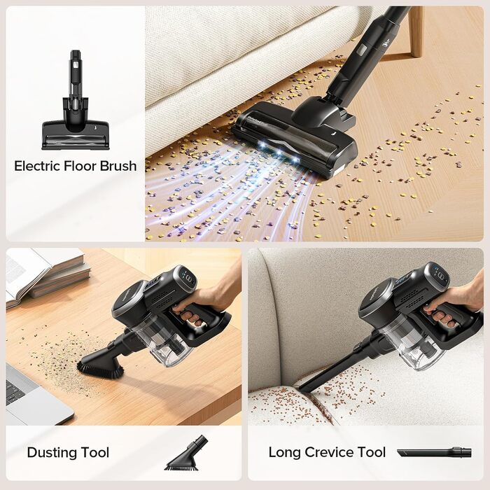 Бездротовий акумуляторний пилосос Lubluelu 25000Pa, 50 хв роботи, для твердих поверхонь, шерсті тварин, килимів (Чорний)