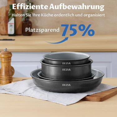 BEZIA Набір каструль та сковорідок з керамічним покриттям, 10 предметів, антипригарне покриття, здорове приготування їжі, для індукційних плит, складений для кемпінгу, сумісний з усіма типами плит, духовка, сірий колір
