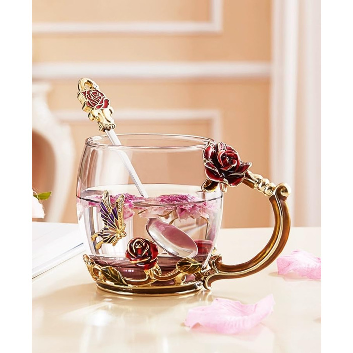 Enamel Butterfly Flower Tea Cup Sets with Spoon and Lid, Glass Coffee Mugs, Wedding Birthday, Valentine's Day, Christmas, Gift for Women Wife Friend (Pink)