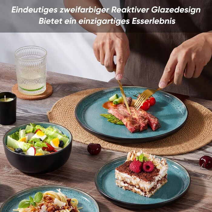 Набір посуду HaWare для 6 осіб, 18 предметів: тарілки, десертні тарілки, миски, стельова глазур, посуд для сервірування столу, блакитний колір, безпечний для мікрохвильовки та посудомийної машини