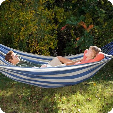 Гамак KRUMAD 260 см, до 250 кг, вологостійкий, бавовна-поліестер, для саду, балкону, кемпінгу, з дерев'яними розпірками та сумкою (блакитно-білий, без каркасу)