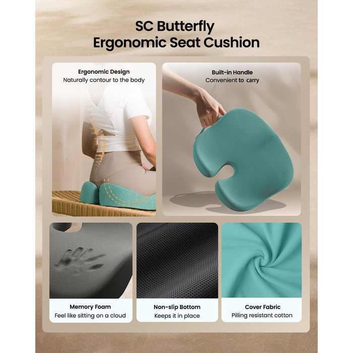 Ортопедична подушка для сидіння ProtoArc для офісного крісла, ергономічна подушка для куприка з піною з пам'яті, рівномірний розподіл тиску, подушка для куприка для повсякденного комфорту для інвалідного візка, авто (М'ятно-зелений, великий)
