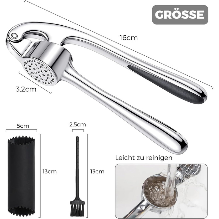 Прес для часнику з нержавіючої сталі, професійна кухня, подрібнювач часнику, легко миється та довговічний, сріблястий