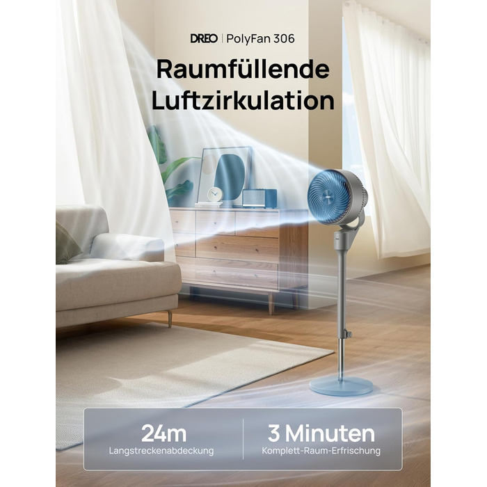 Вентилятор Dreo Leiser: турецький, з дистанційним керуванням, 1444 м³/год, осциляція, таймер 6 годин, функція ароматерапії, сірий