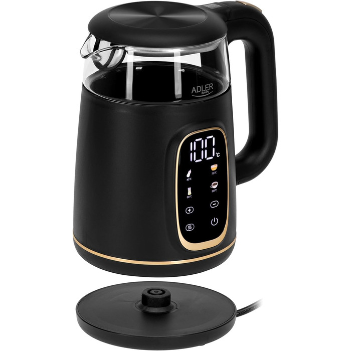 Електричний чайник Adler з регулюванням температури 2200W, 1.7L з LED-дисплеєм та сенсорною панеллю, 5 температурних програм, функція підтримання тепла, фільтр, чорний, золотий