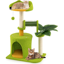 Дряпальня для котів COSTWAY 97 см з печерою та лежанками, кігтеточка з сизалевого мотузка та дерев'яною основою, зелено-бежева