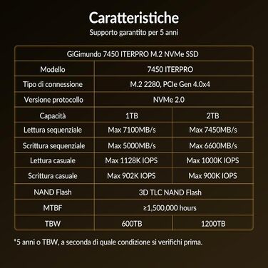 GiGimundo G7450ITERPRO 2TB SSD NVMe PCIe Gen4×4 - Внутрішній SSD накопичувач 2280, 7100 МБ/с (читання), 5000 МБ/с (запис), сумісний з PS5 Pro