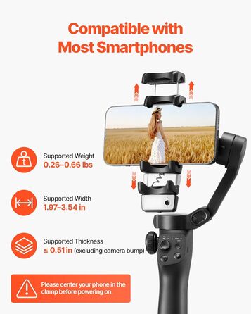 Стабілізатор для смартфона VEVOR з 3-осьовою стабілізацією, трекінг облич/об'єктів, штатив, портативний та складаний, для відеозйомки, DC 3.5–4.2V (без підсвічування, AI-трекінг)