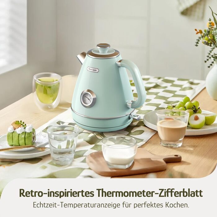 Електричний чайник Hazel Quinn Retro з термометром, з нержавіючої сталі, без пластику, 1.7 л, 2200 Вт, автоматичне відключення, вінтажний дизайн (М'ятно-зелений)