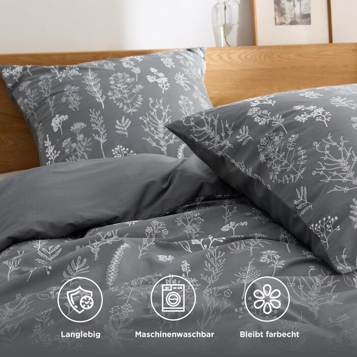 BEDSURE Комплект постільної білизни 135x200, бавовна, 4-х частинний - сірий, з крізь-застібкою, з двома наволочками 80x80 см, з малюнком гілок, сертифікат ÖKO-TEX