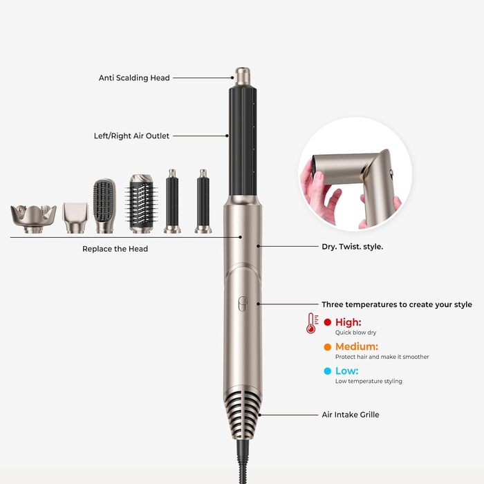 Фен-щітка 6 в 1 Airstyler: стайлер для волосся, локони, випрямлення, термощітка, чорний, з насадкою-дифузором