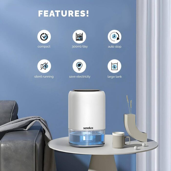 Електричний осушувач повітря Senelux з 7 кольоровими підсвітками, портативний, автоматичне вимкнення для сушіння одягу, для спальні, від цвілі, у шафу