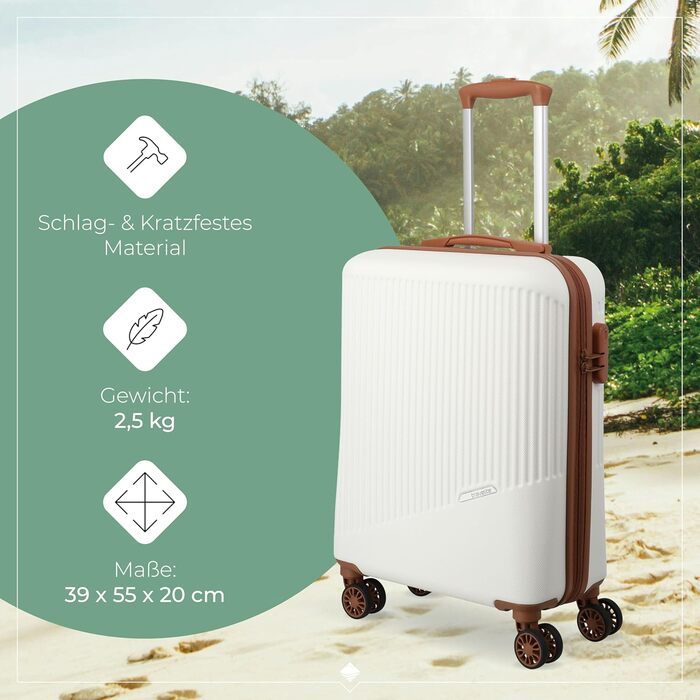 Тролей Travelite Bali 55x39x20 см, 2,5 кг, білий/cognac, з захисною оболонкою та кодовим замком. Підходить для ручної поклажі Lufthansa, Ryanair, easyJet